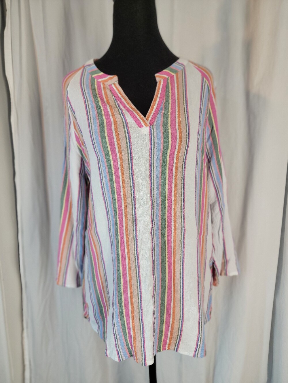 Chico's Multi-Stripe V-Notch Tunic - White, Pink, Green, Blue & Metallic Gold
